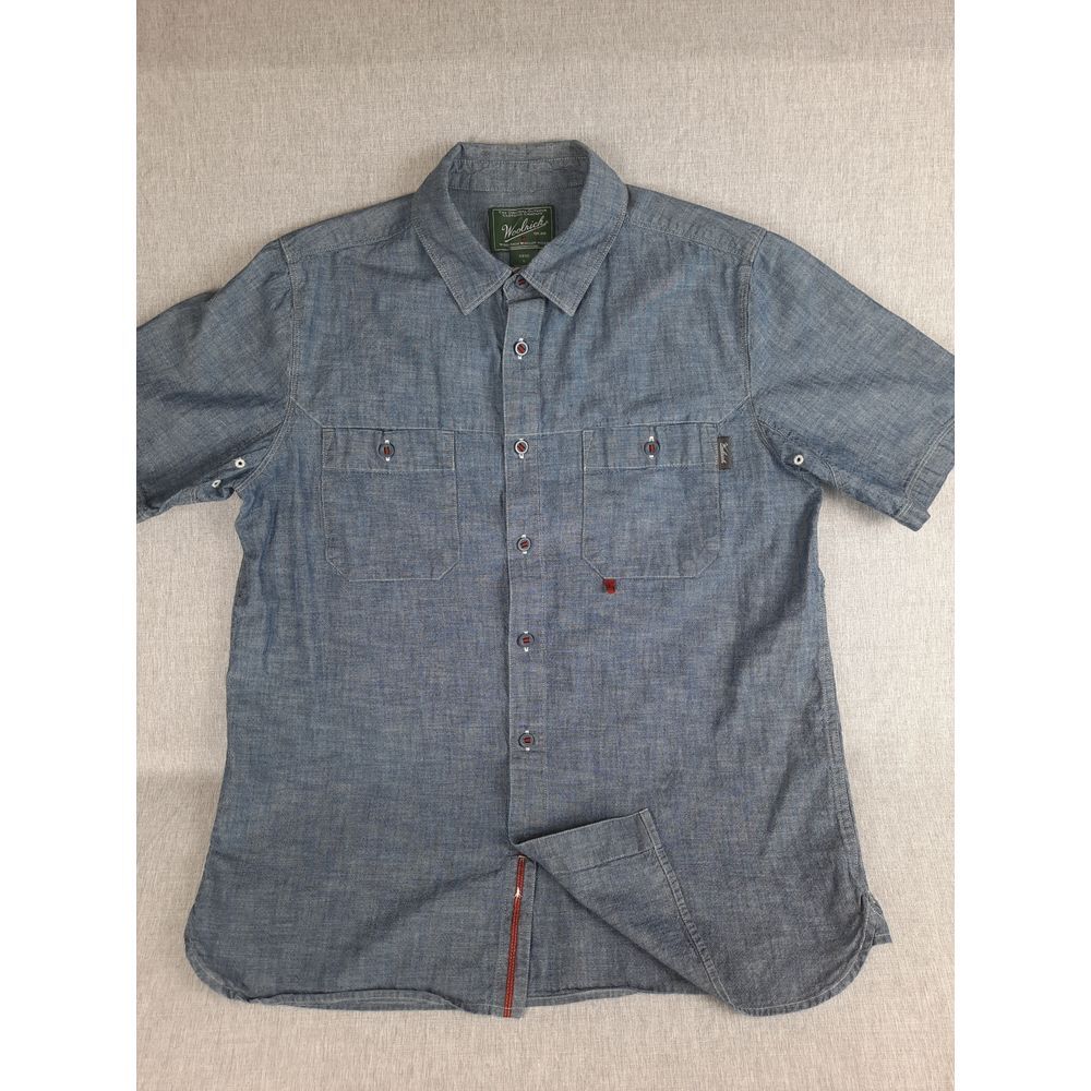 Woolrich Men Large Western Chambray Vent Button Shirt Short Sleeve Pocket Cotton